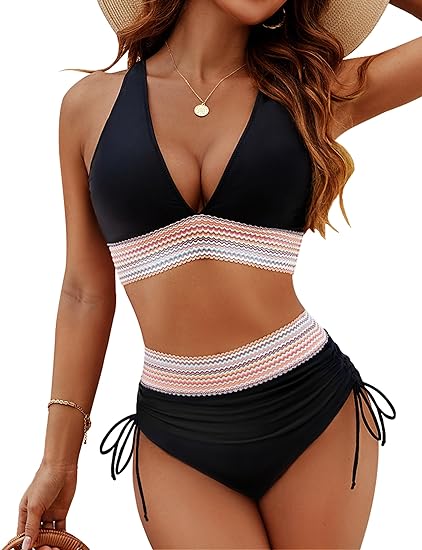 Women’s Bikini Set – High-Waisted Tummy Control Bottom – Adjustable Triangle Top