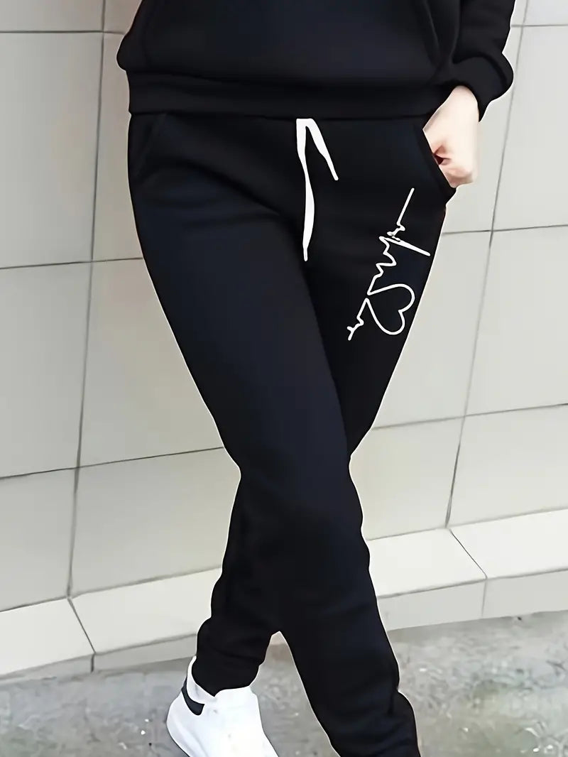 Women's Hoodie & Joggers Set - Heartbeat Graphic - Relaxed Fit - Drawstring Hood & Waist