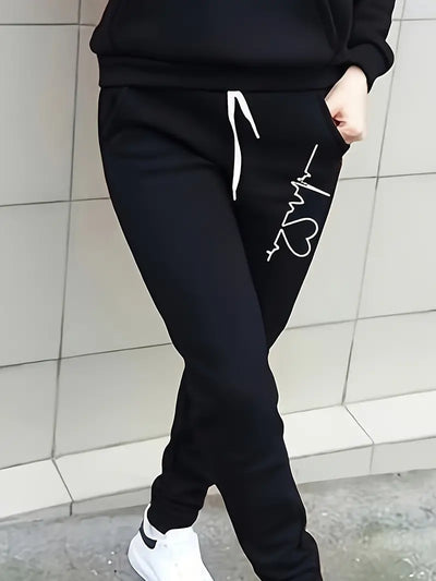 Women's Hoodie & Joggers Set - Heartbeat Graphic - Relaxed Fit - Drawstring Hood & Waist