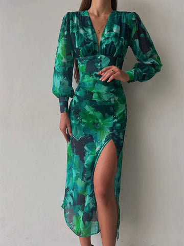 Emerald - v-hals lange mouwen met split midi jurk