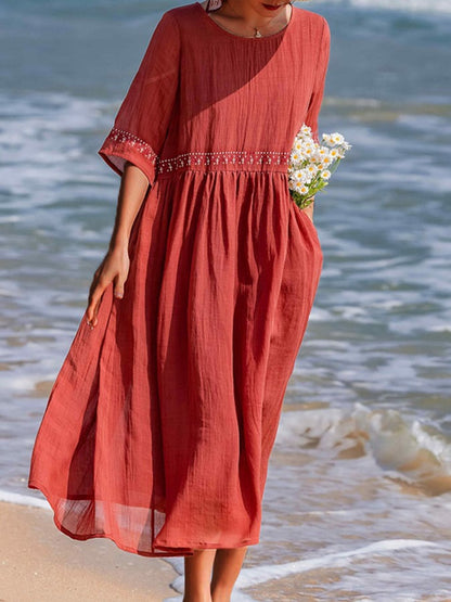 Women's cotton and linen embroidered loose dress