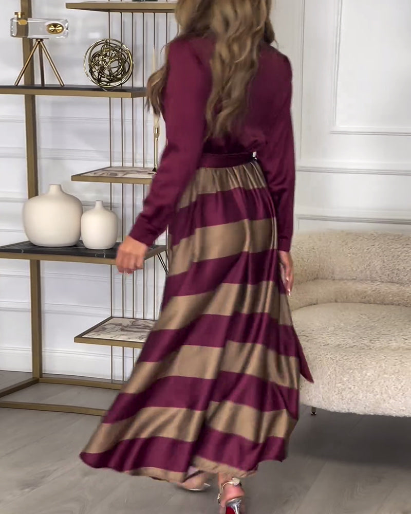 Women's Maxi Shirt Dress - Button-Up Long Sleeve - Striped Flowing Skirt - Belted Waist