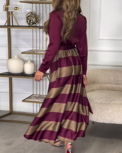 Women's Maxi Shirt Dress - Button-Up Long Sleeve - Striped Flowing Skirt - Belted Waist