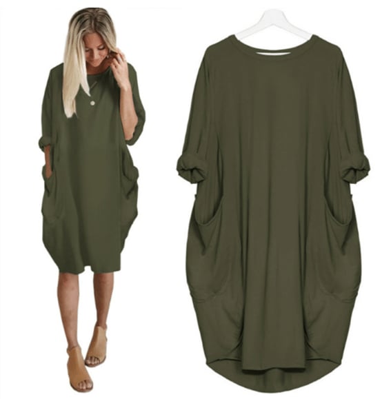 Women’s Midi Dress – Relaxed Fit – Breathable Blend – Round Neck – Side Pockets