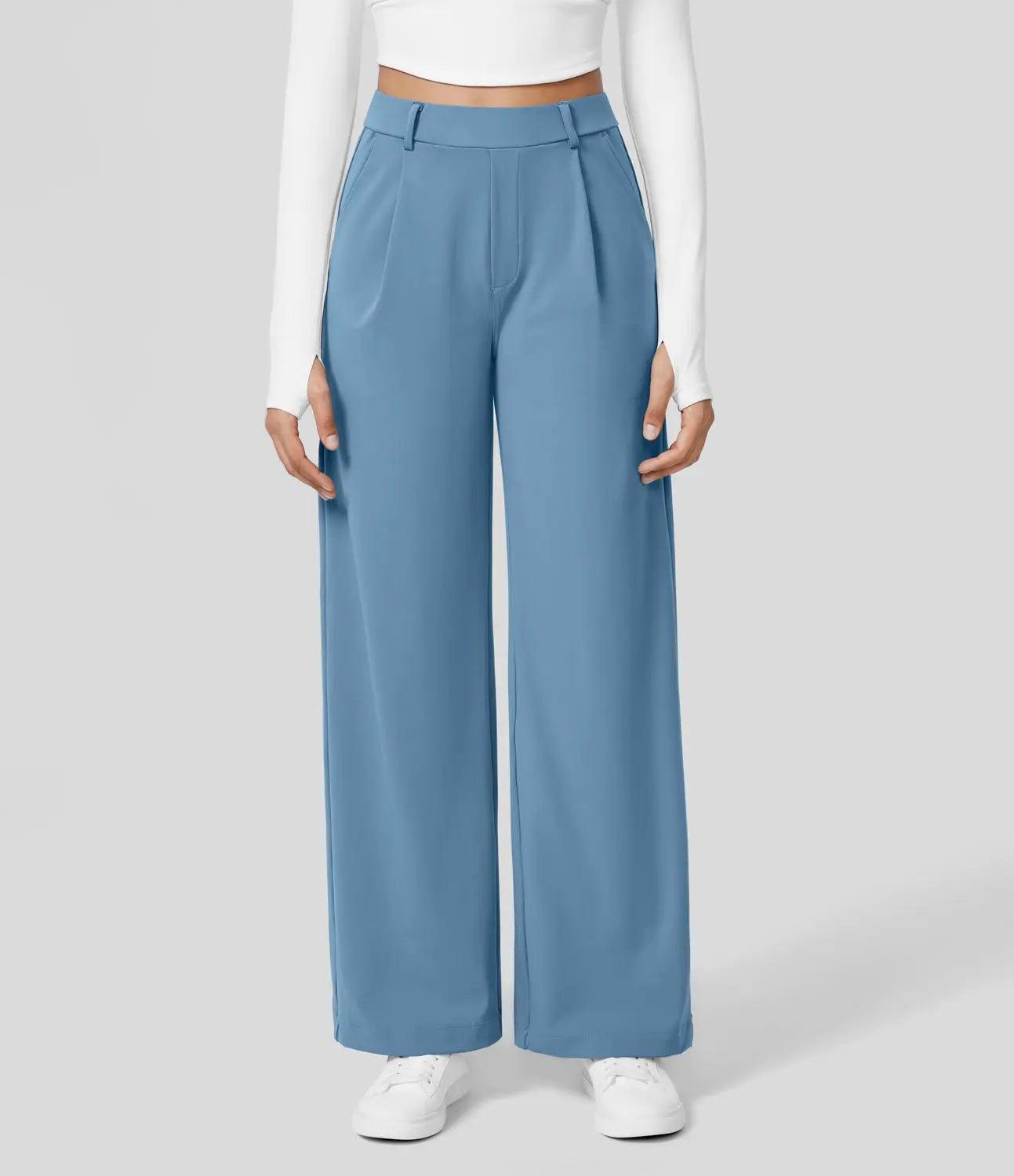 Women's Wide-Leg Trousers - High Waist - Pleated Front - Full Length - Side Pockets