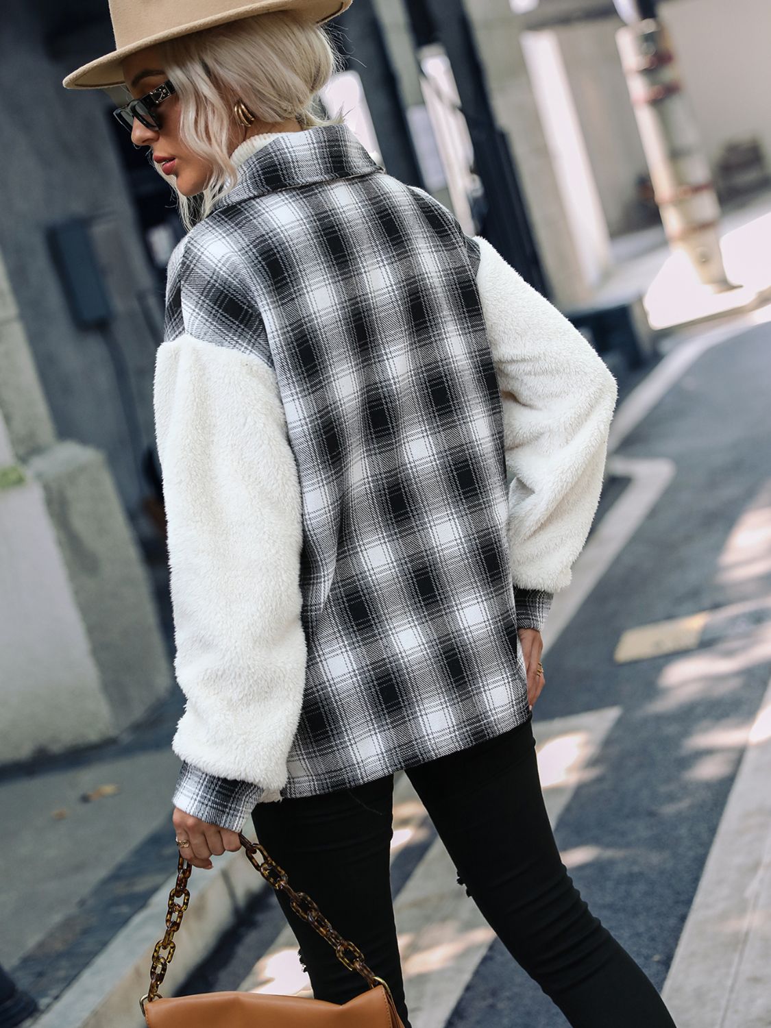 Women's collar jacket with a check pattern and buttons