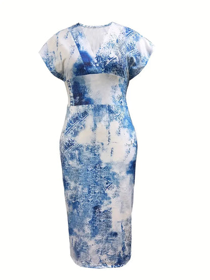 Women's Bodycon Dress - Patchwork Denim - Midi Length - V-Neck Short Sleeve