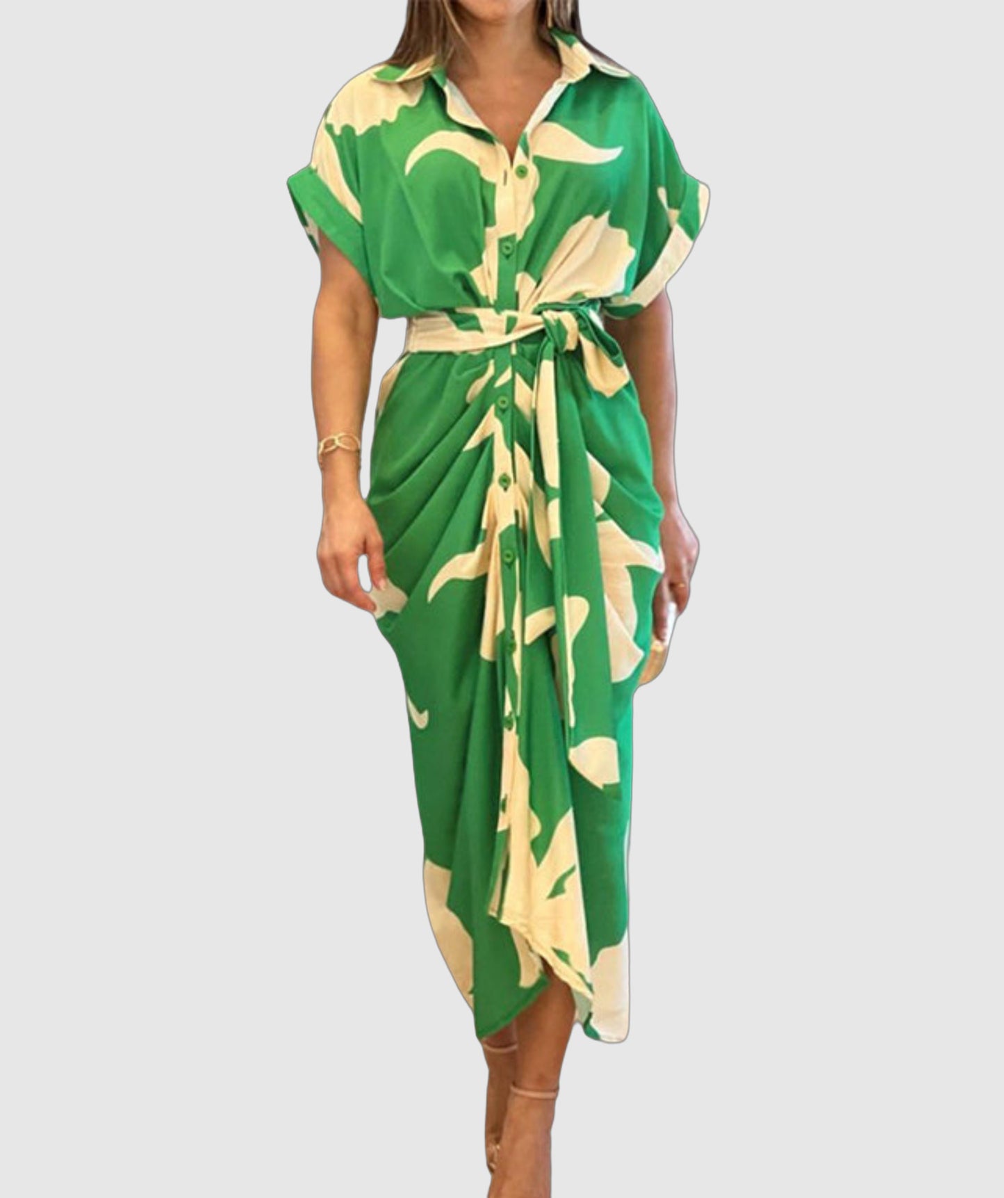 Women's Shirt Dress - Abstract Pattern - Midi Length - Short Sleeve - Tie Waist