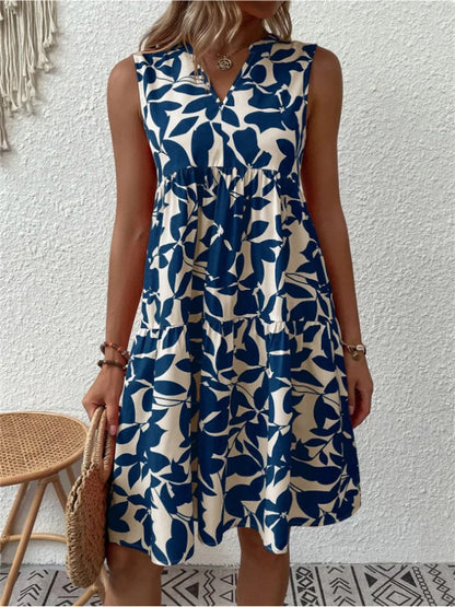 Women’s Sleeveless Dress – V-Neck – A-Line Fit – Tiered – Breathable Blend – Knee Length