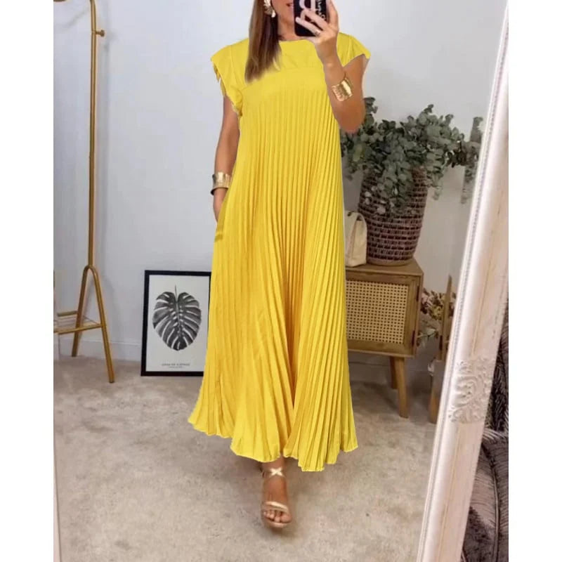 Women's Pleated Dress - Flowing Midi/Maxi Length - Round Neck - Cap Sleeves - With Pockets