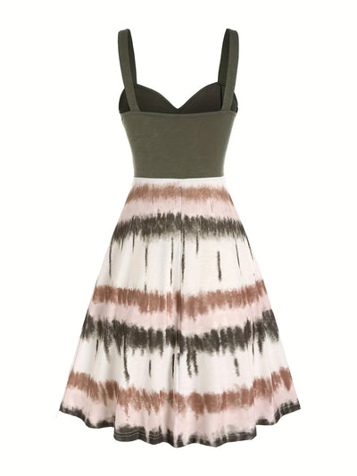 Tie-Dye V-Neck Dress with Faux Buttons for Women
