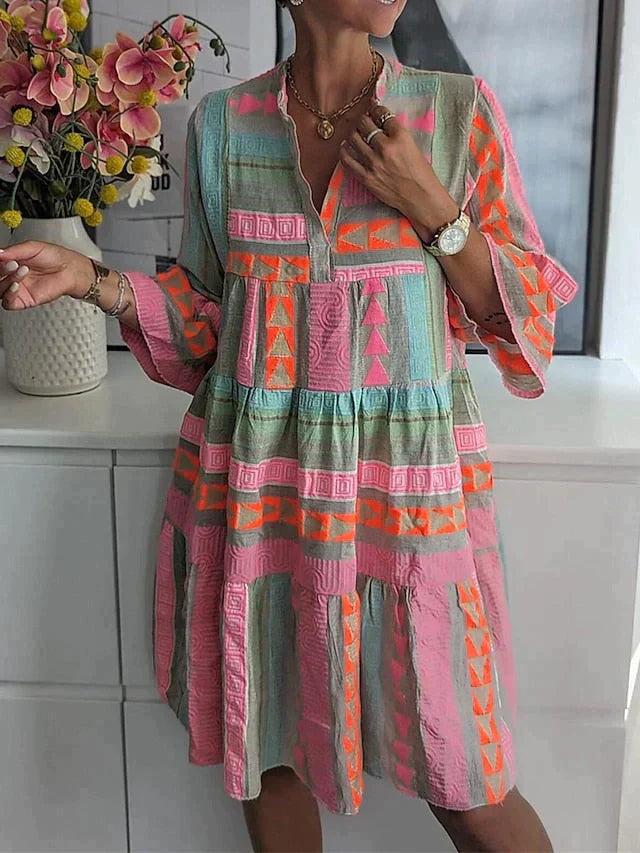 Women's Boho Midi Dress - Loose Fit - Three-Quarter Sleeve - Lightweight Geometric Design
