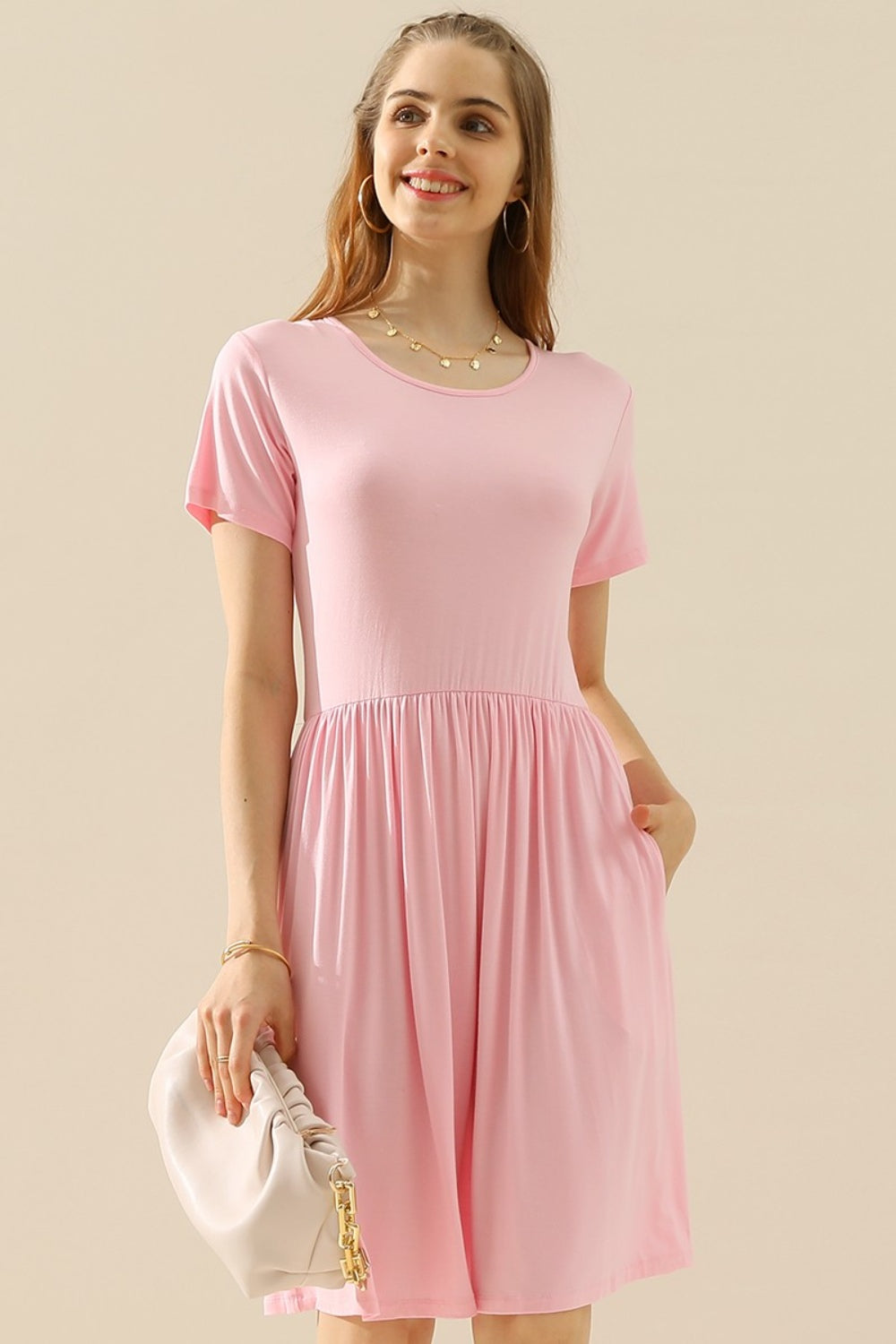 Women's A-Line Dress - Short Sleeve - Crew Neck - Flattering Fit - Casual Everyday Wear