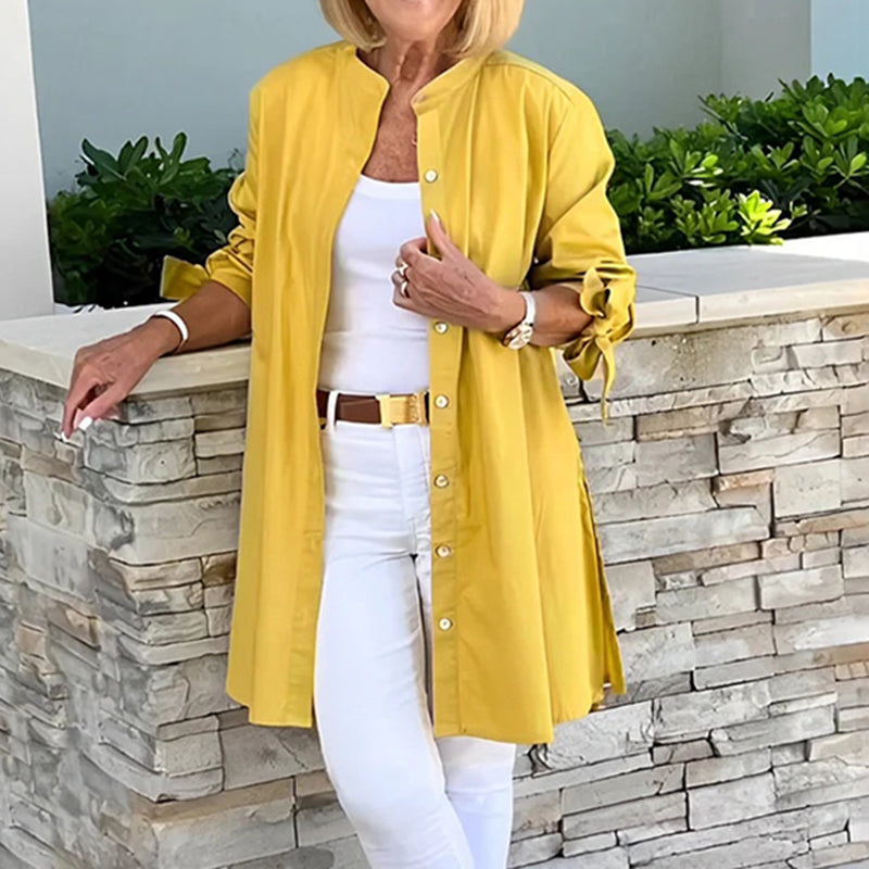 Women’s Tunic Shirt – Relaxed Fit – Button Front – Mid Thigh Length