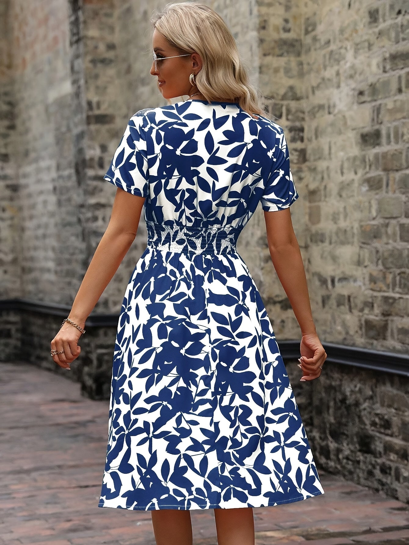 Elegant Midi Dress for Women - Floral Print with Smocked Details