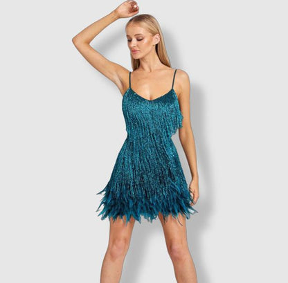 Women's Evening Dress - Fitted Silhouette - Sequin Fringe Detailing - Feather Hem