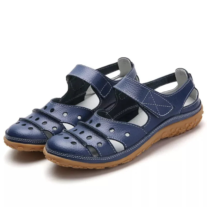 Women's Casual Sandals - Leather Upper - Cushioned Insole - Adjustable Velcro Straps