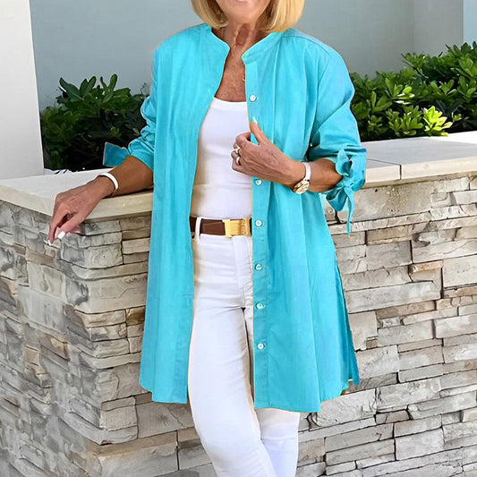 Women’s Tunic Shirt – Relaxed Fit – Button Front – Mid Thigh Length