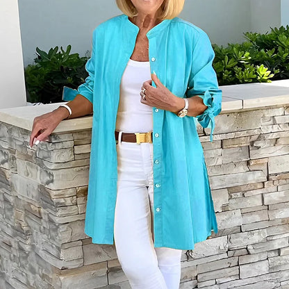 Women’s Long Shirt – Relaxed Fit – Button Front – Breathable Blend – Tie Cuff Sleeves