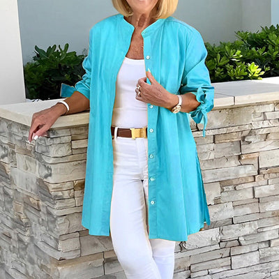 Women’s Tunic Shirt – Relaxed Fit – Button Front – Mid Thigh Length