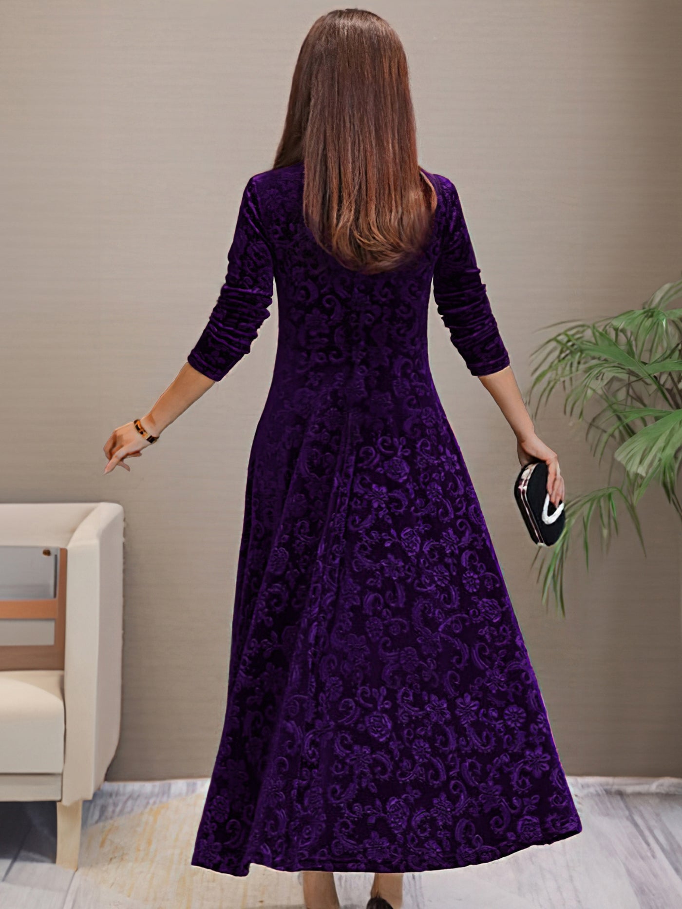 Women’s Midi Dress - Velvet A-Line - Floral Pattern - V-Neck - 3/4 Sleeve Elegant Fit