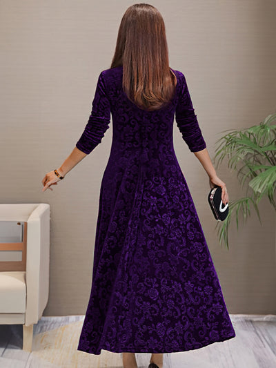 Women’s Midi Dress - Velvet A-Line - Floral Pattern - V-Neck - 3/4 Sleeve Elegant Fit