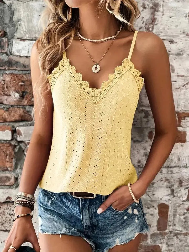 Women's Sleeveless Eyelet Top - V-Neck - Embroidered Lace Trim - Adjustable Straps