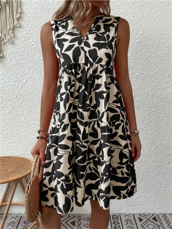 Women’s Sleeveless Dress – V-Neck – A-Line Fit – Tiered – Breathable Blend – Knee Length