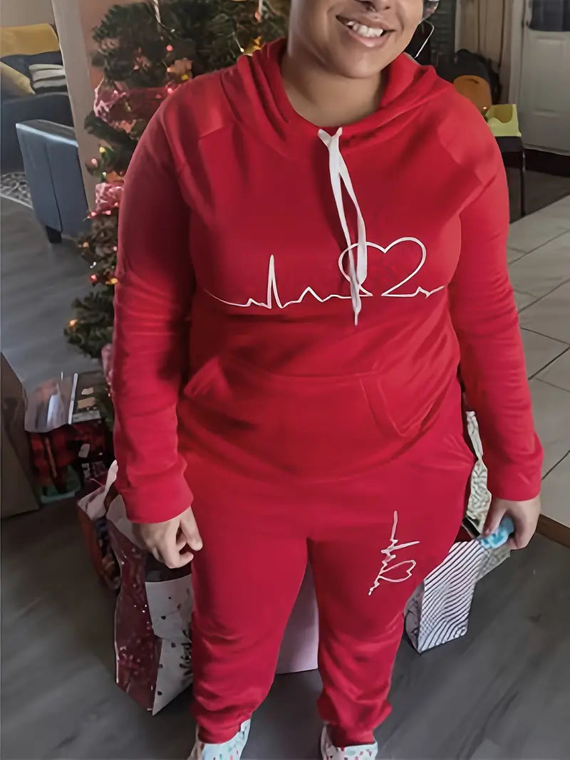 Women's Hoodie & Joggers Set - Heartbeat Graphic - Relaxed Fit - Drawstring Hood & Waist