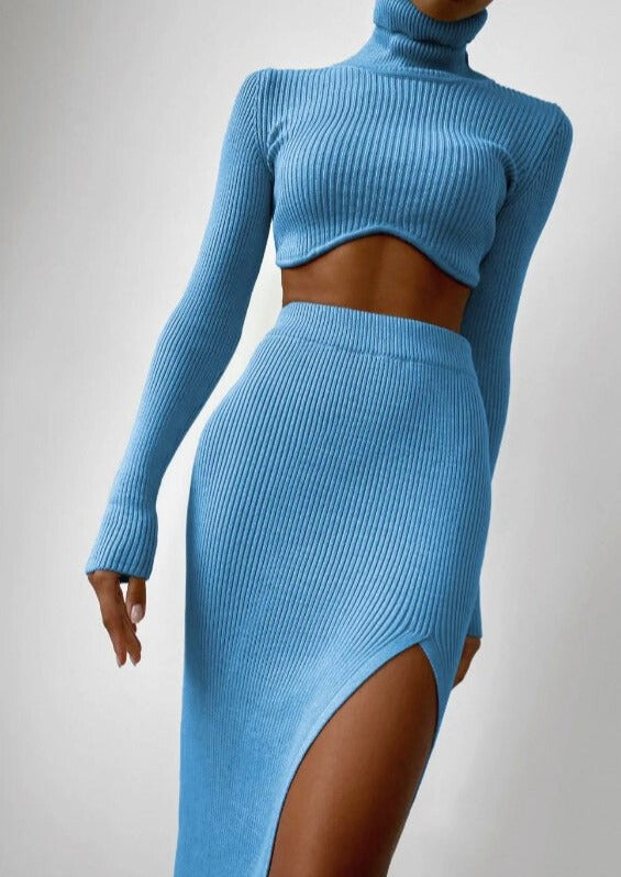 Womens High-Neck Sweater Set with Asymmetrical Cropped Top and Skirt