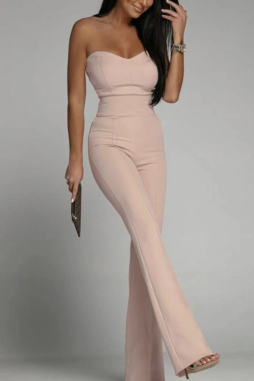 Women's Strapless Jumpsuit - Fitted Bodice - High-Waisted Flared Leg - Elegant Formal Wear