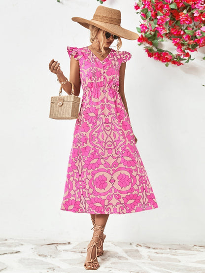 Women's Midi Dress - V-Neck - Short Ruffled Sleeves - Fitted Waist - Floral Print