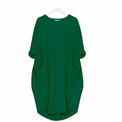 Women’s Midi Dress – Relaxed Fit – Breathable Blend – Round Neck – Side Pockets