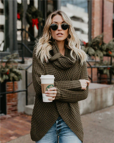 Women’s Pullover Sweater – Wool Knit – Relaxed Fit – High Neck – Crossover Front