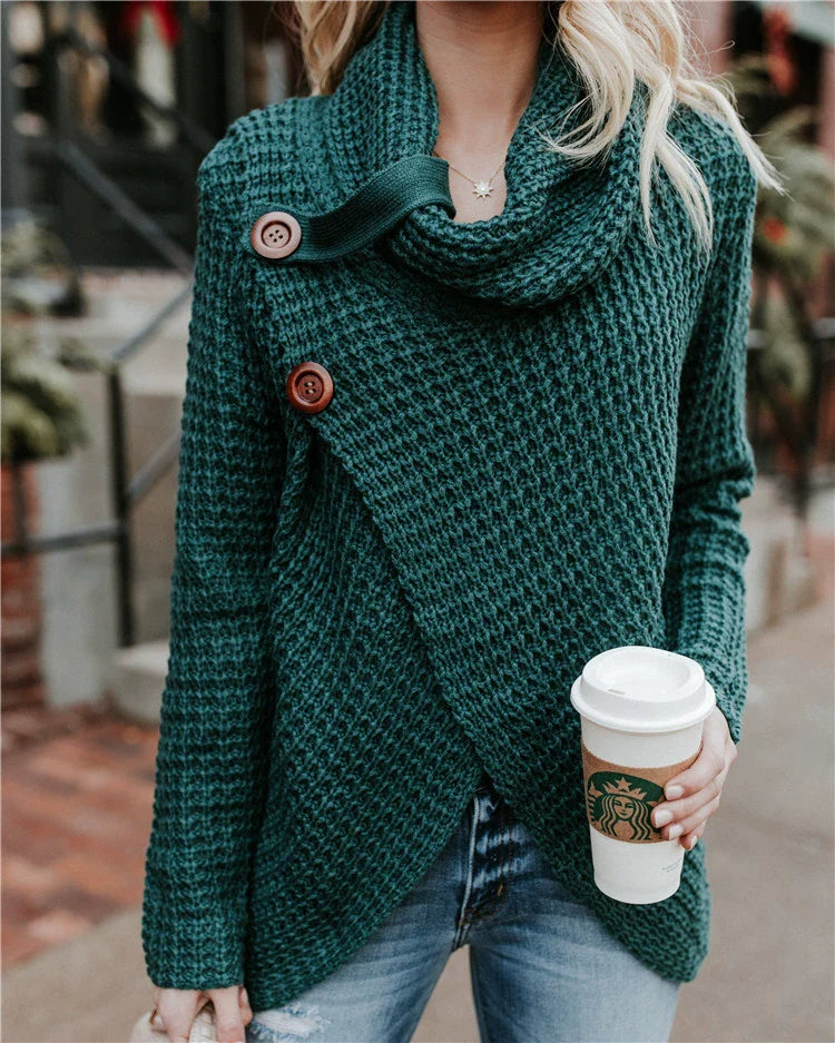Women’s Pullover Sweater – Wool Knit – Relaxed Fit – High Neck – Crossover Front