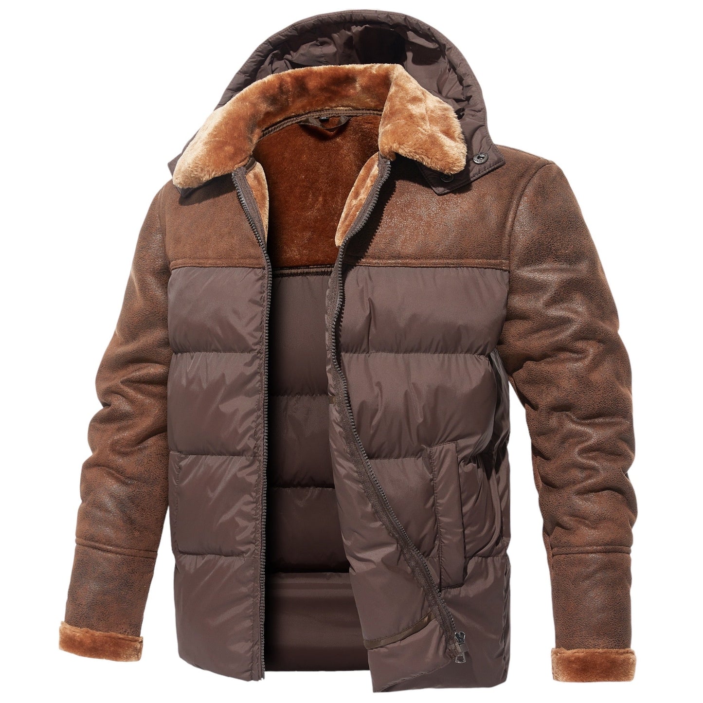 Stylish men's jacket with faux fur hood