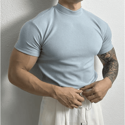 Men’s Fitted Ribbed Knit Top - Short Sleeve - Mock Neck - Breathable Stretch Fabric