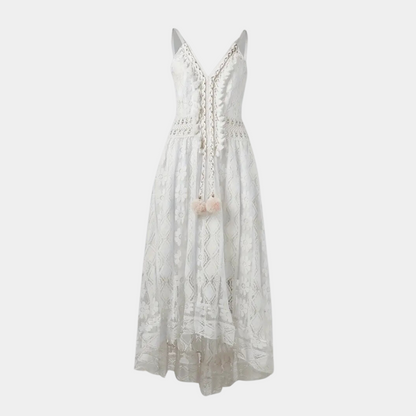 Women’s Midi Dress – Relaxed Fit – Lace Detail – V-Neck – Boho Style – Breathable Fabric