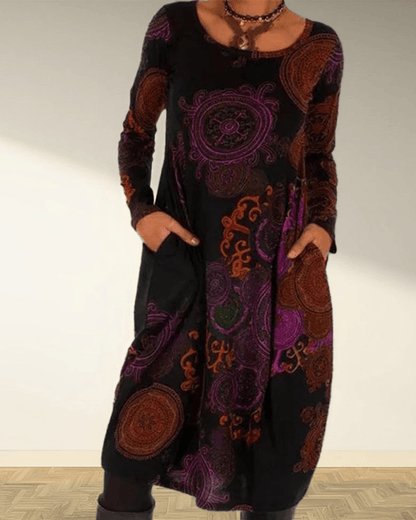 Women's Maxi Dress - Long Sleeve - Bohemian Print - Round Neck - Flowy Casual Fit