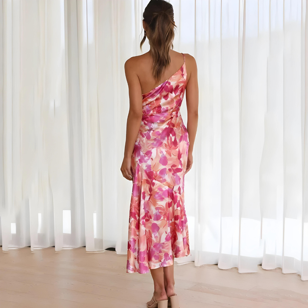 Women's One-Shoulder Dress - Satin-Like Fabric - Midi Length - Elegant A-Line Fit