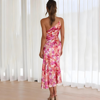 Women's One-Shoulder Dress - Satin-Like Fabric - Midi Length - Elegant A-Line Fit