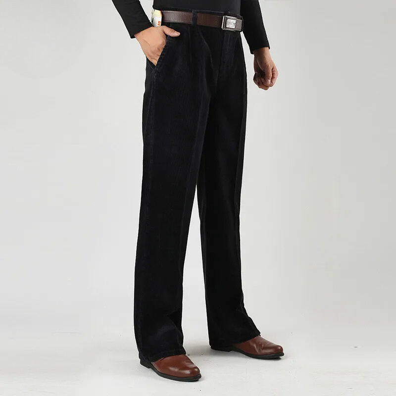 Men's corduroy pants with wide legs, high waist and side pockets