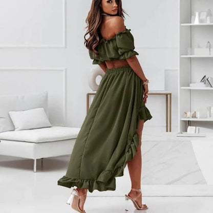 Women's Off-Shoulder Two-Piece Set - Crop Top & High-Low Ruffle Maxi Skirt - Elegant Fit