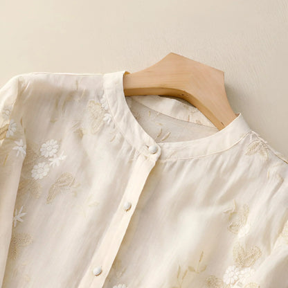 Women’s Blouse – Breathable material – Relaxed Fit – Embroidered – Button-Down – 3/4 Sleeve