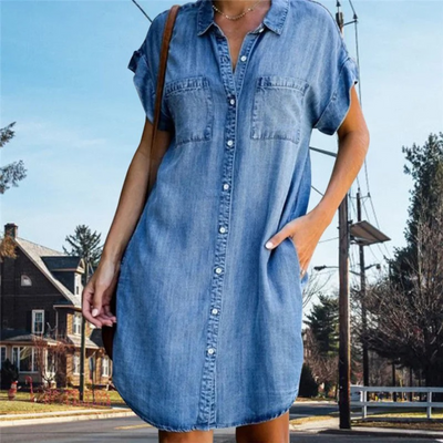 Women's Denim Shirt Dress - Button Down - Short Sleeve - Casual Relaxed Fit