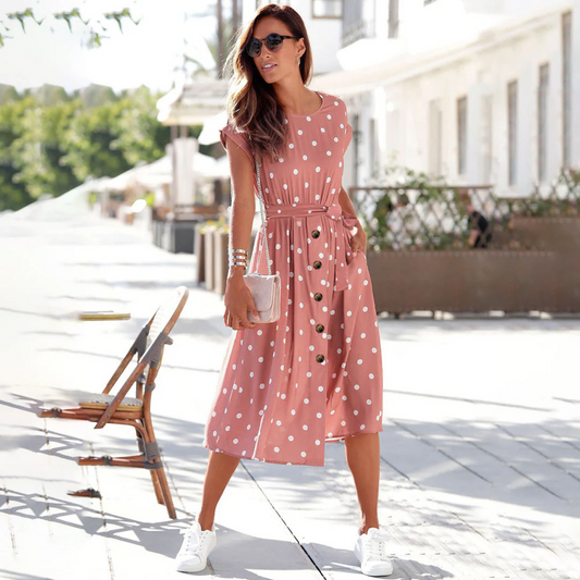 Women's Midi Dress - Polka Dot - A-Line Fit - Crew Neck - Cap Sleeve - Waist Belt