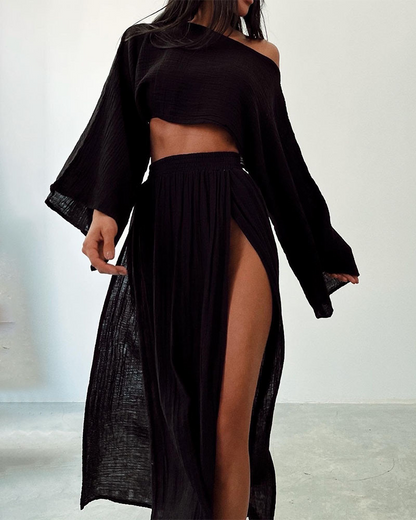 Women's Two-Piece Set - Off-Shoulder Long Sleeve Top & High-Waisted Maxi Skirt