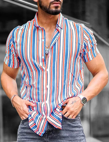 Men's Short-Sleeve Button-Up Shirt - Striped - Lightweight Breathable Fabric - Classic Fit