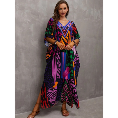 Women's Kaftan - Lightweight Flowy Design - V-Neck Loose Fit Beach Cover-Up