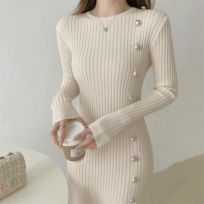 Women's Knit Midi Dress - Ribbed Texture - Long Sleeve - Button Detail - Mermaid Hem